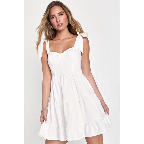 LULUS Women's Tier-ly Delightful Tie-Strap Tiered Bustier Mini Dress Size L - Picture 1 of 13